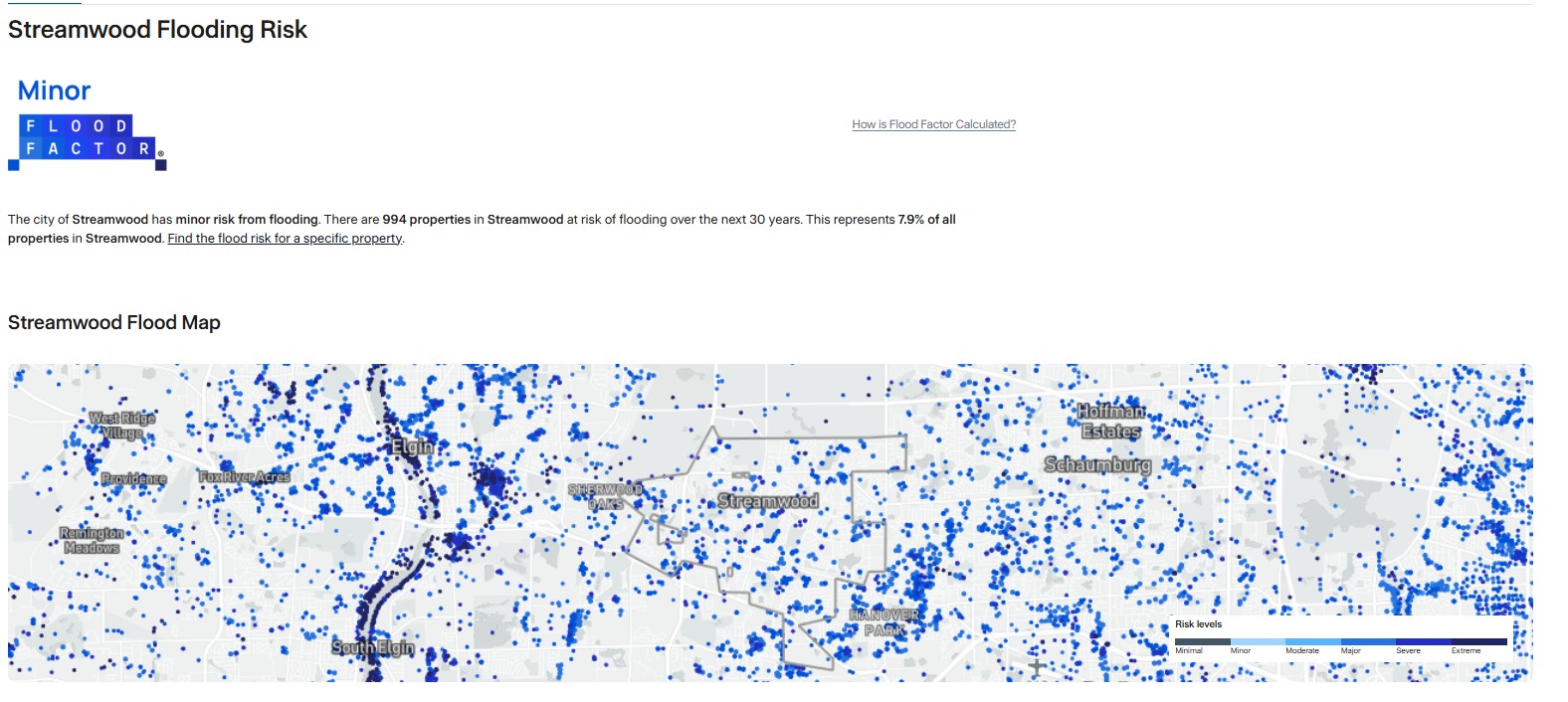 Flood risk map of Streamwood, Illinois showing minor risk areas for potential flooding Flood risk map of Streamwood, Illinois showing minor risk areas for potential flooding