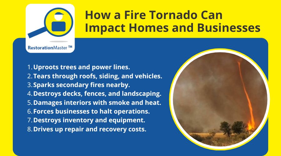 Fire tornado causing damage to homes and businesses, including roofs, trees, fences, and interiors Fire tornado causing damage to homes and businesses, including roofs, trees, fences, and interiors