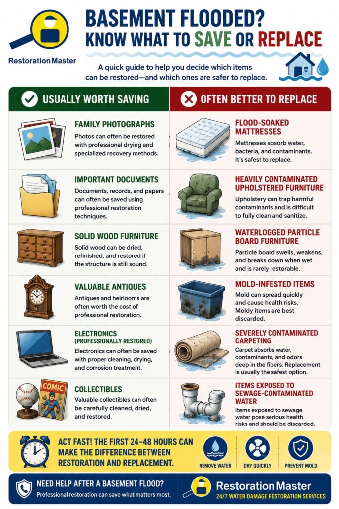 What Should Be Saved vs. Replaced After a Basement Flood - infographic