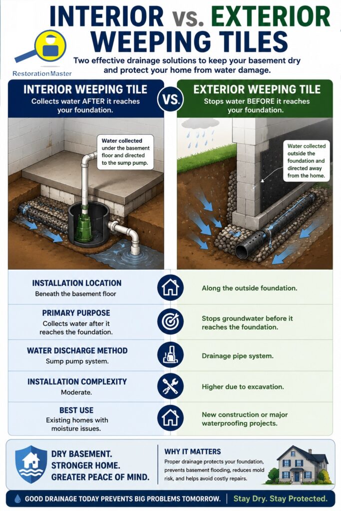 Interior vs. Exterior Weeping Tiles infographic Interior vs. Exterior Weeping Tiles infographic