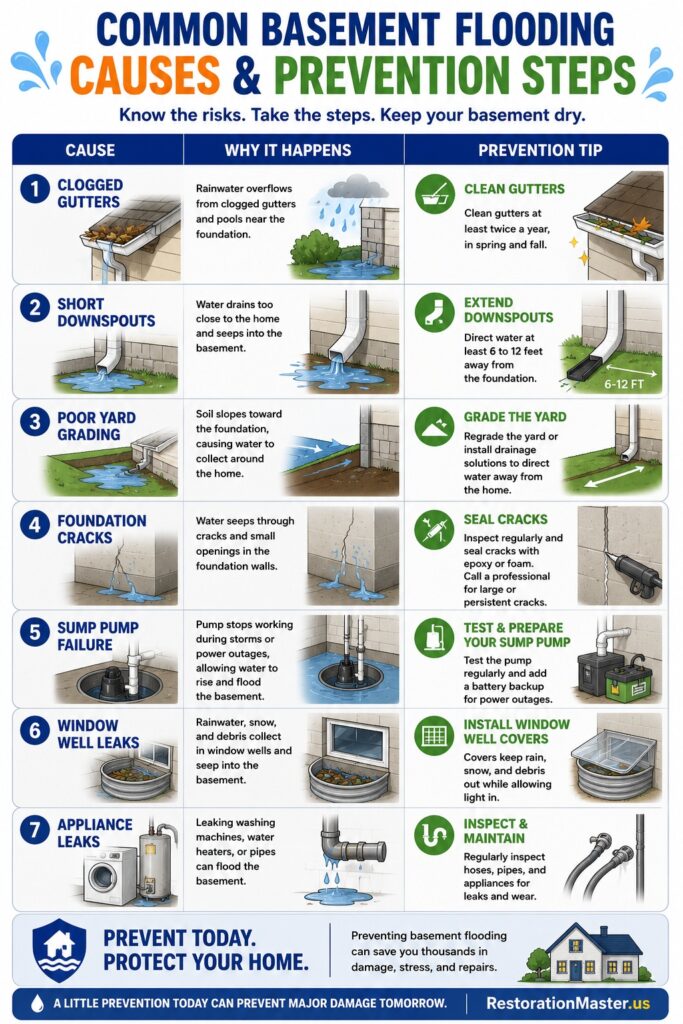 Basement Flooding Causes and Prevention Steps - infographic Basement Flooding Causes and Prevention Steps - infographic