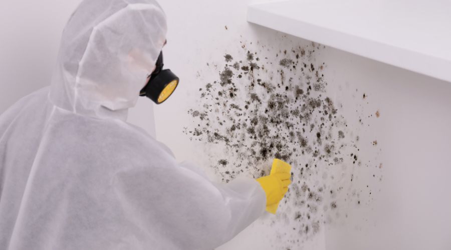 a specialist wearing a PPE suit and cleaning mold from walls a specialist wearing a PPE suit and cleaning mold from walls