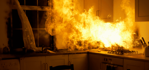 Fire raging in domestic kitchen at night