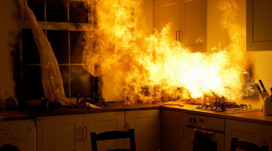 Fire raging in domestic kitchen at night