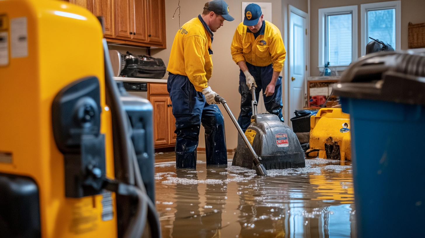 water damage restoration experts removing standing water out from a residential property