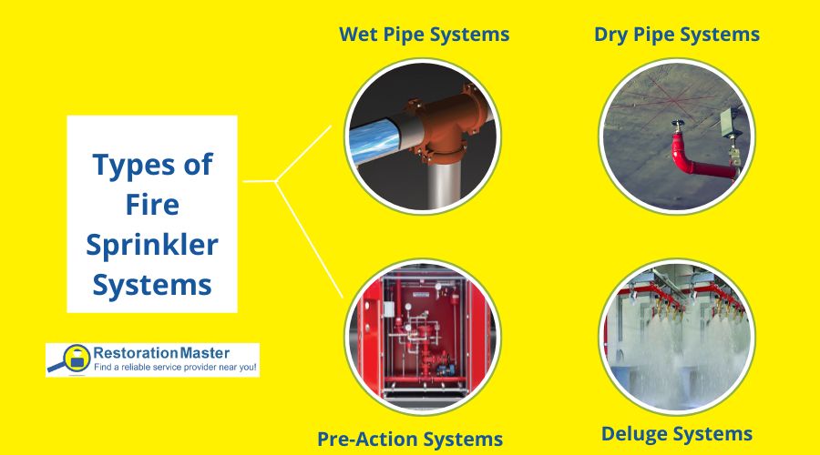 Illustration showing different types of fire sprinkler systems, including wet pipe, dry pipe, pre-action, and deluge systems