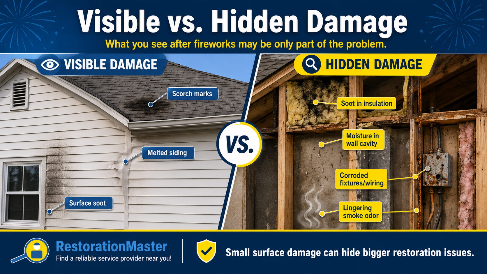 Infographic comparing visible and hidden fireworks damage, including scorch marks, soot, moisture, and wiring issues.
